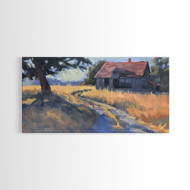 Quaint House on Country Road, Framed Canvas Print, Perfect for Living Room Art, Rustic Home Decor, Serene Bedroom Wall Art
