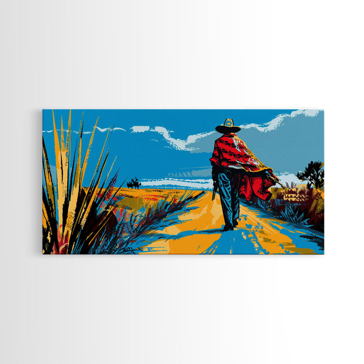 Cowboy Walking Down Desert Road, Perfect Minimalist Art, Framed Canvas Print, Boho Living Room Decor, Western Home Decoration