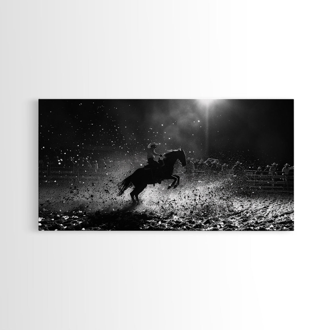 Action-Packed Rodeo Night Scene with Cowboy and Horse, Ideal for Framed Canvas Print, Living Room Wall Art, Perfect Bedroom Decor