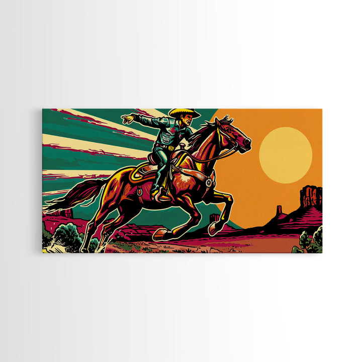Vintage Cowboy Riding Horse, Western Sunset Wall Art, Framed Canvas Print, Rustic Decor, Cowboy Art, Country Living Room