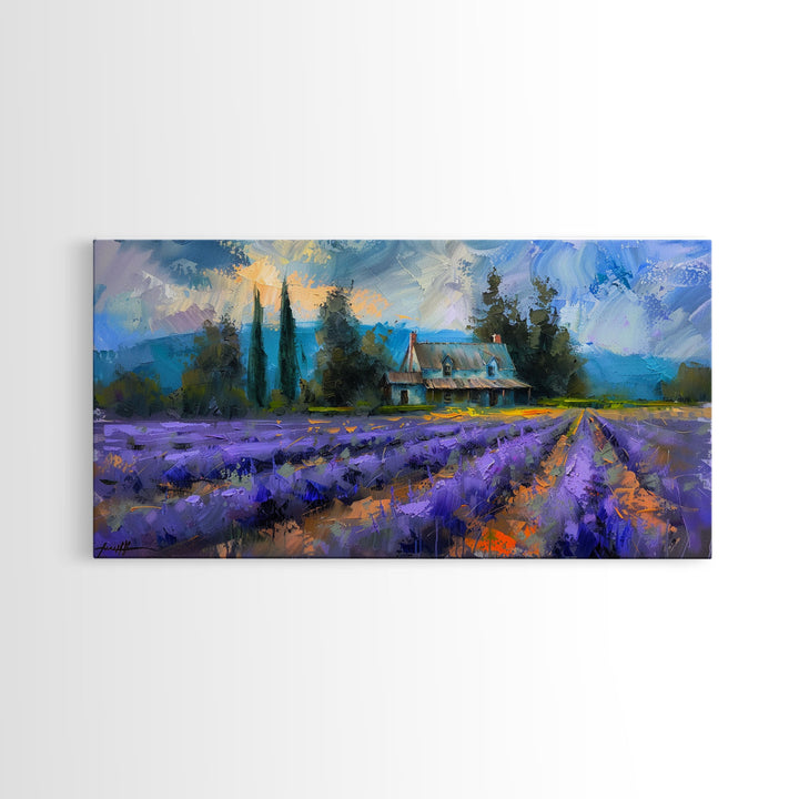 Lavender Field with Cottage, Impressionist Style, Framed Canvas Print, Farmhouse Decor, Cottagecore Art, Pastel Wall Art