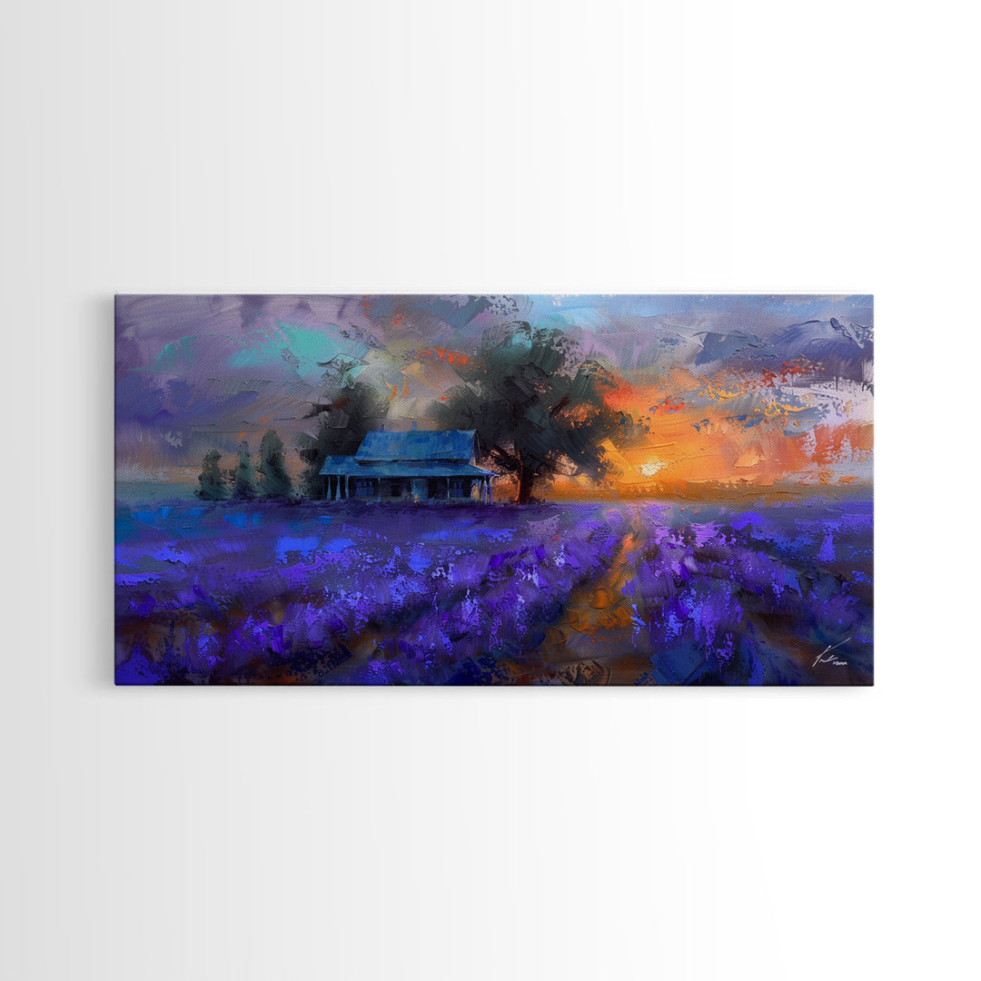 Lavender Field at Dusk, Moody Landscape Art, Framed Canvas Print, Boho Decor, Lavender Art, Rustic Bedroom Decor
