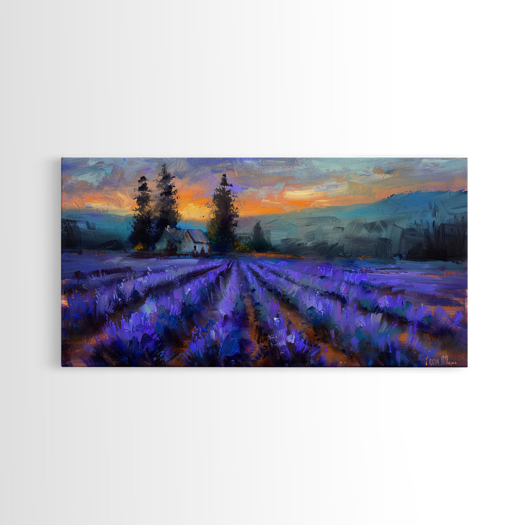 Lavender Field with Cottage, Warm Sunset Colors, Framed Canvas Print, Rustic Decor, Country Wall Art, Farmhouse Vibes