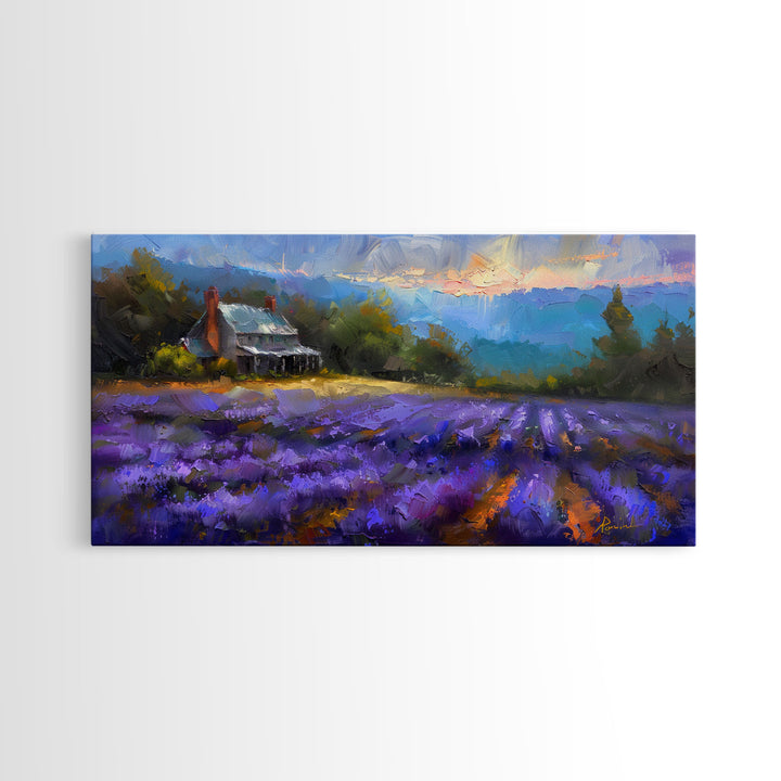 Lavender Field at Twilight, Dreamy Landscape Art, Framed Canvas Print, Boho Bedroom Decor, Purple Art, Rustic Wall Art