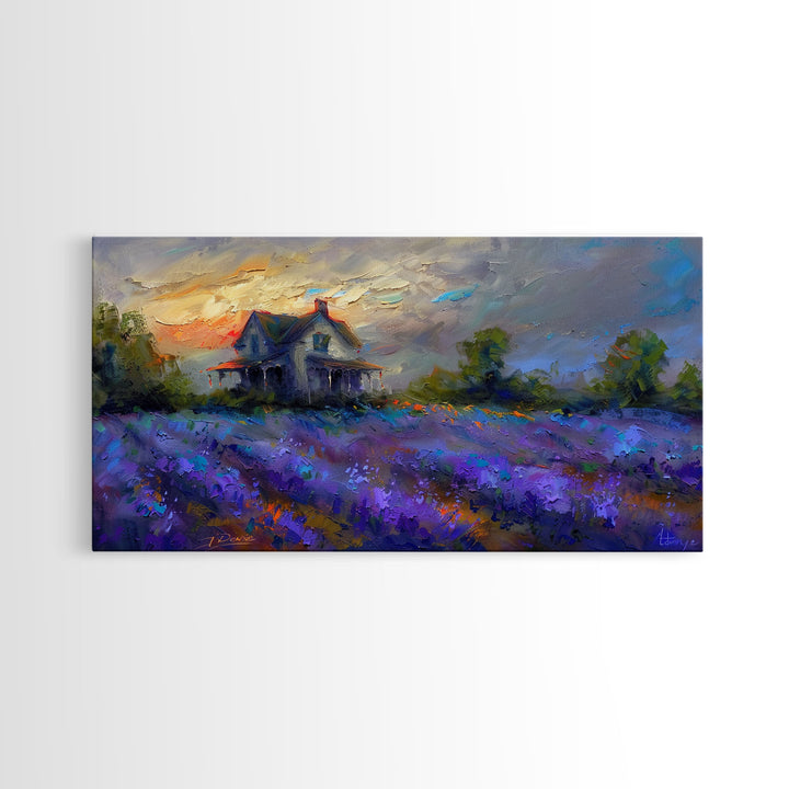 Country Cottage in Lavender Field, Impressionist Style, Framed Canvas Print, Farmhouse Decor, Cozy Art, Rustic Living Room