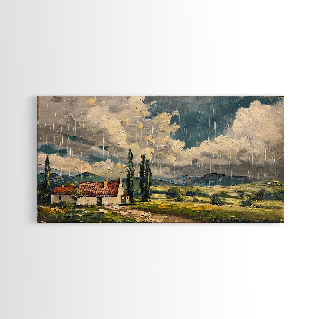 Rainy Day Over Cottage, Textured Landscape Art, Framed Canvas Print, Boho Decor, Farmhouse Style, Moody Wall Art