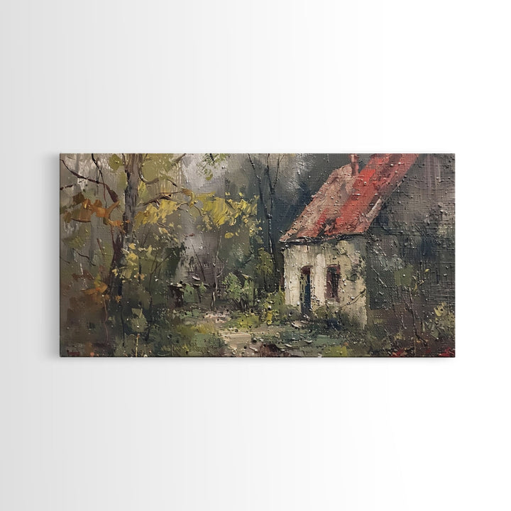 Rustic Cottage in Autumn Forest, Framed Canvas Print, Farmhouse Style, Living Room Art, Bedroom Decor, Nature Wall Art