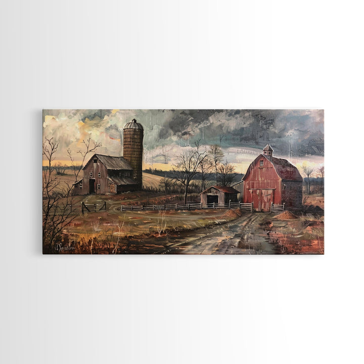 Vintage Farm Scene with Silos, Framed Canvas Print, Rustic Wall Art, Living Room Decor, Farmhouse Style, Country Home Art