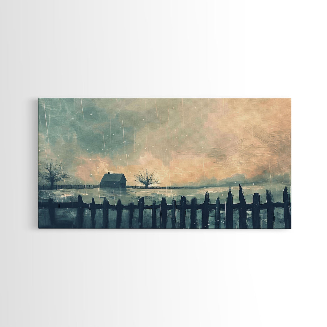 Winter Farmhouse in Snowy Landscape, Framed Canvas Print, Minimalist Wall Art, Living Room Art, Bedroom Decor, Winter Scene