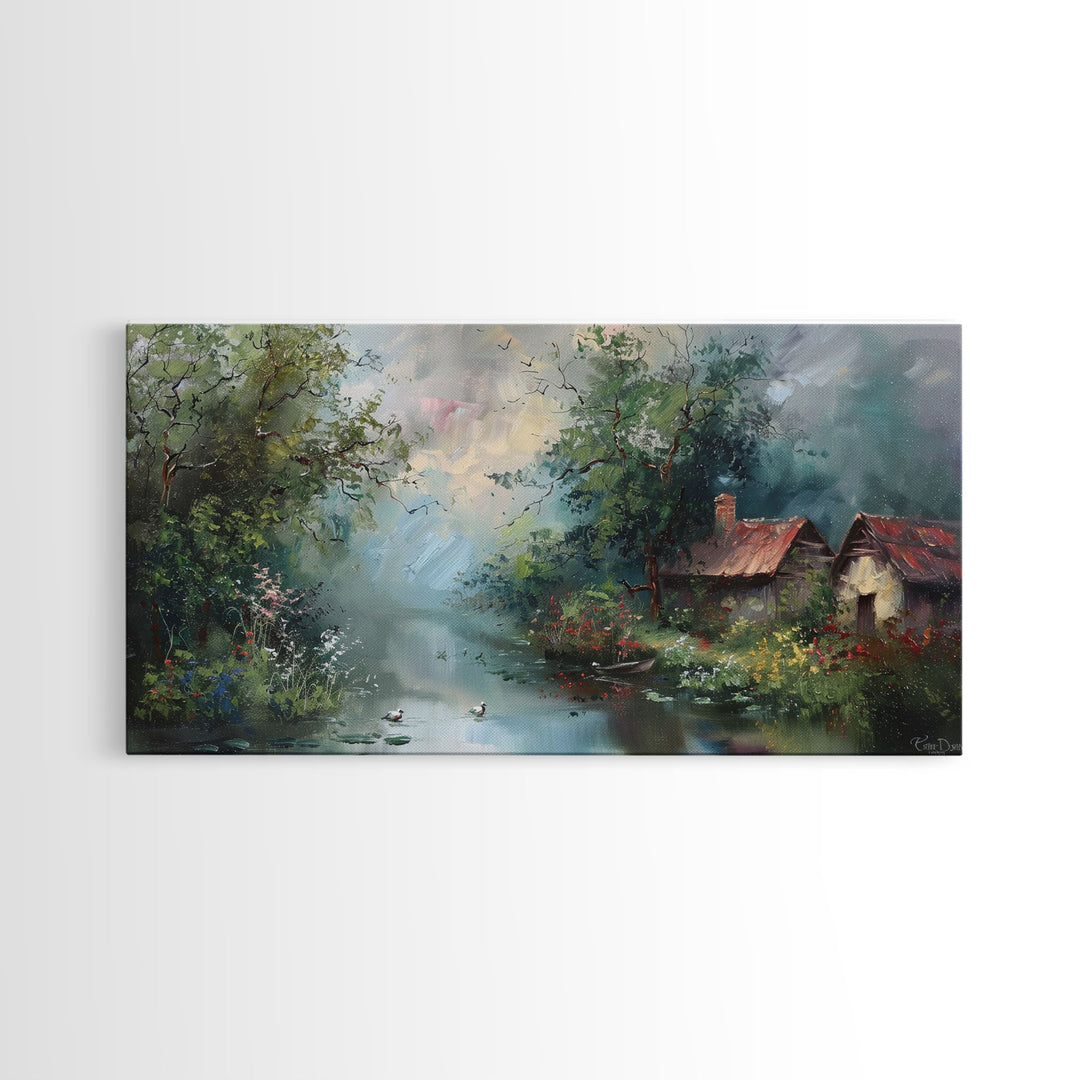Serene River Cottage with Flowers, Framed Canvas Print, Farmhouse Style, Living Room Decor, Bedroom Art, Nature Scene
