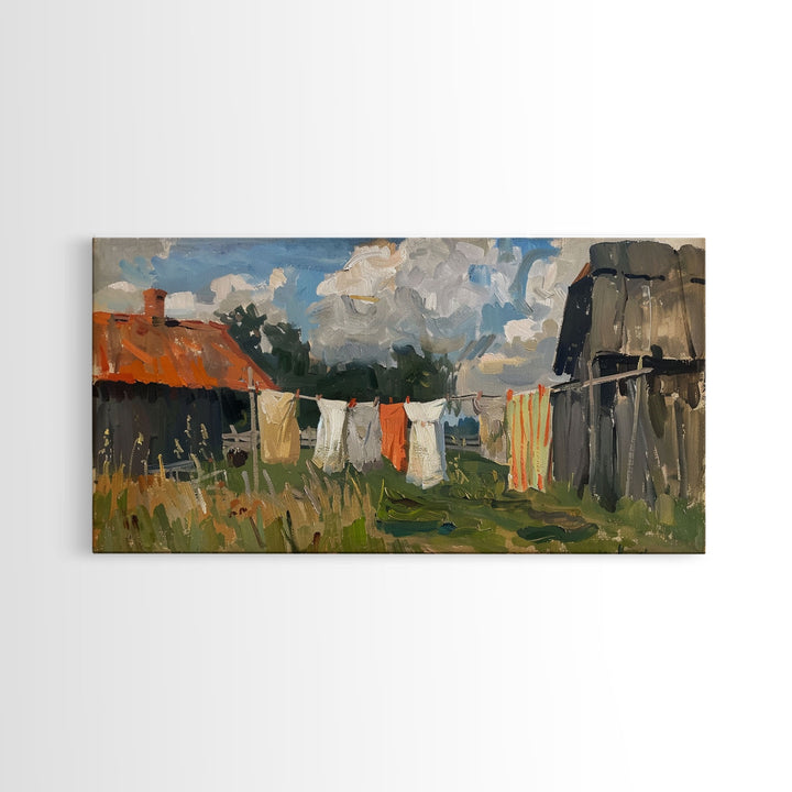 Clothesline with Rustic Farmhouse, Framed Canvas Print, Farmhouse Style, Living Room Art, Country Decor, Vintage Scene