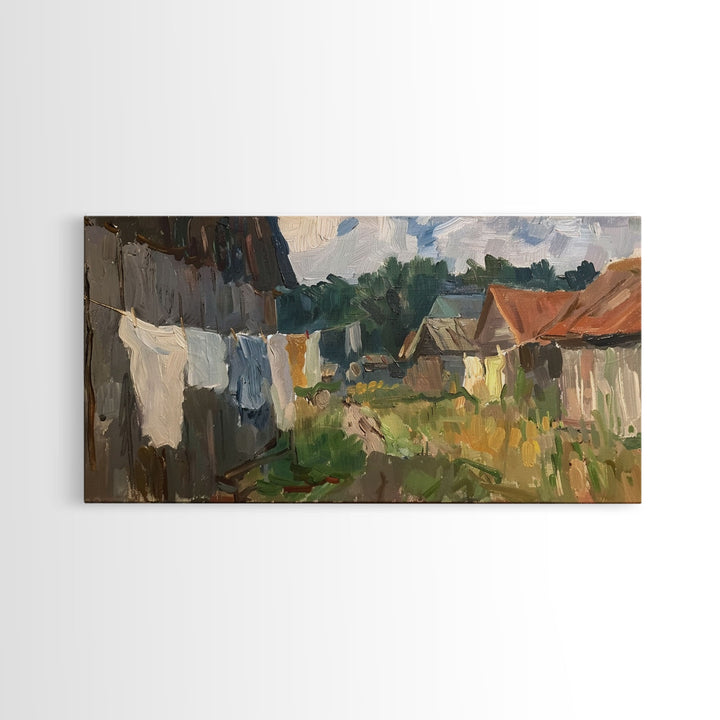 Rustic Farmyard with Laundry, Framed Canvas Print, Farmhouse Wall Art, Living Room Decor, Country Style, Outdoor Scene