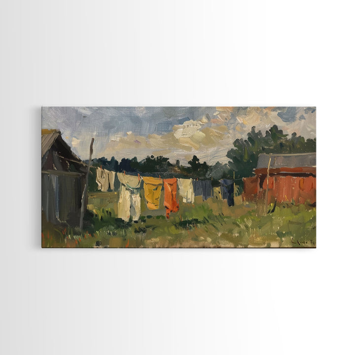 Sunny Day on the Farm with Clothesline, Framed Canvas Print, Rustic Wall Art, Living Room Decor, Farmhouse Style, Country Scene