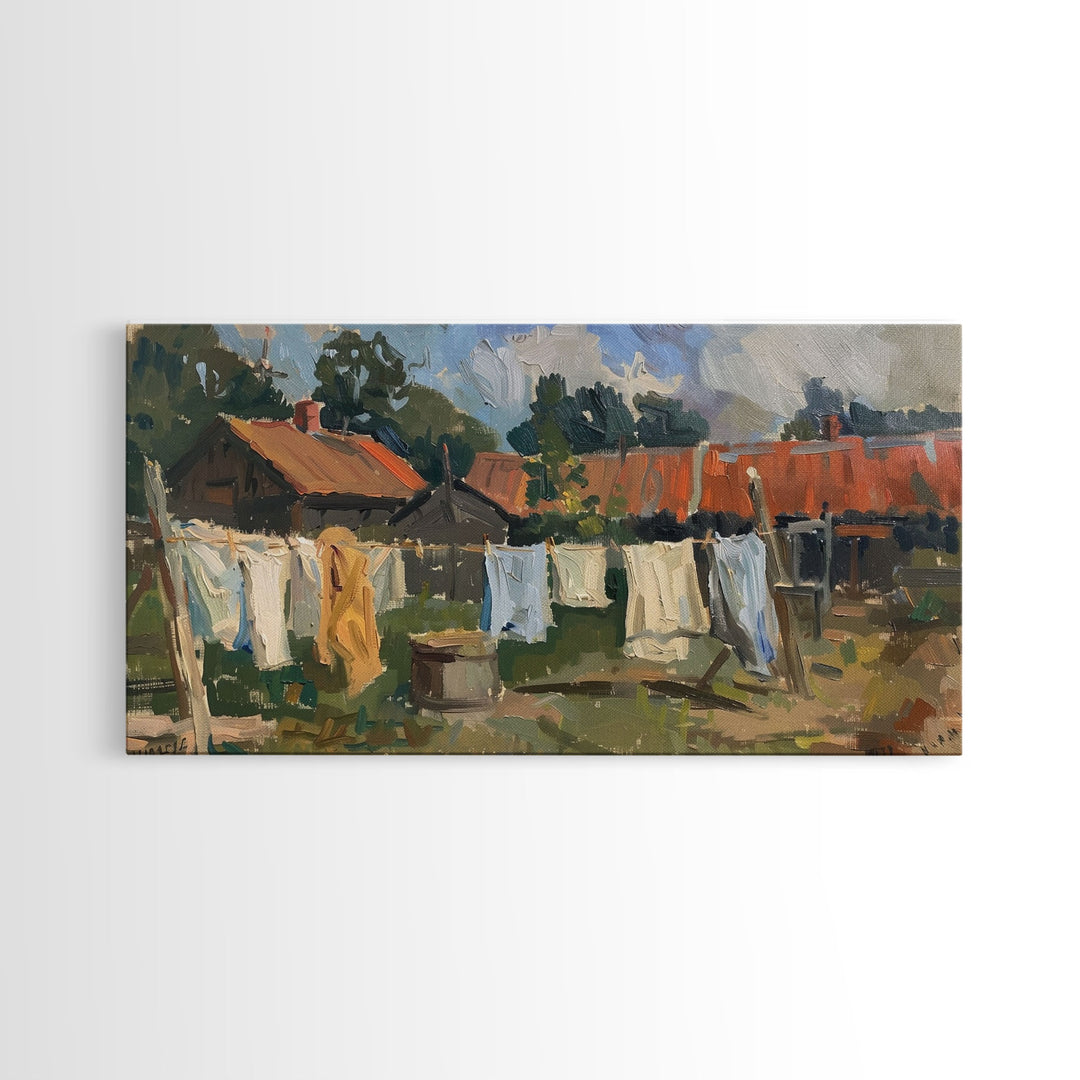 Rustic Homestead with Clothesline, Framed Canvas Print, Farmhouse Style, Living Room Art, Country Decor, Vintage Scene