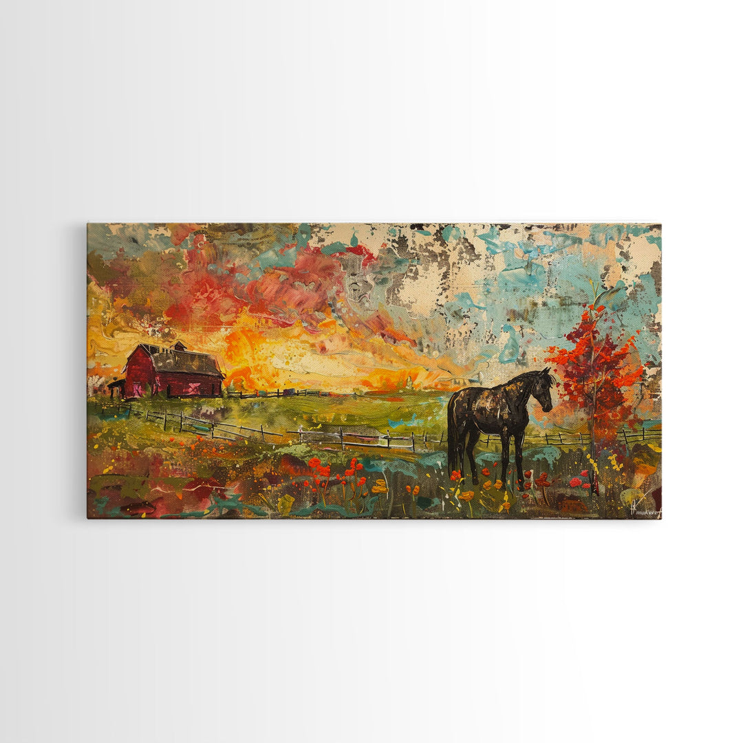 Horse and Red Barn in Colorful Field, Beautiful Farmhouse Art, Framed Canvas Print, Rustic Living Room Decor, Vibrant Wall Art