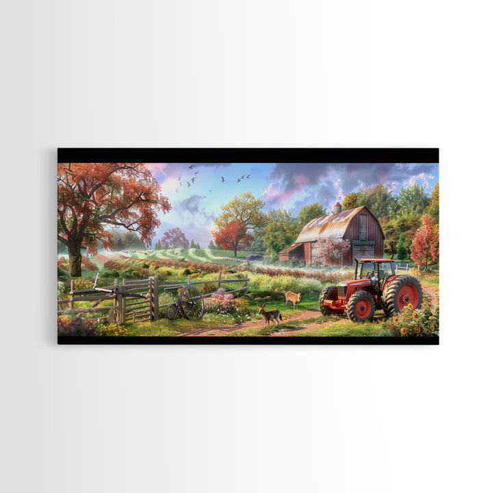 Tranquil Farm Scene with Red Barn and Tractor, Idyllic Rural Art, Framed Canvas Print, Country Wall Decor, Living Room Decoration