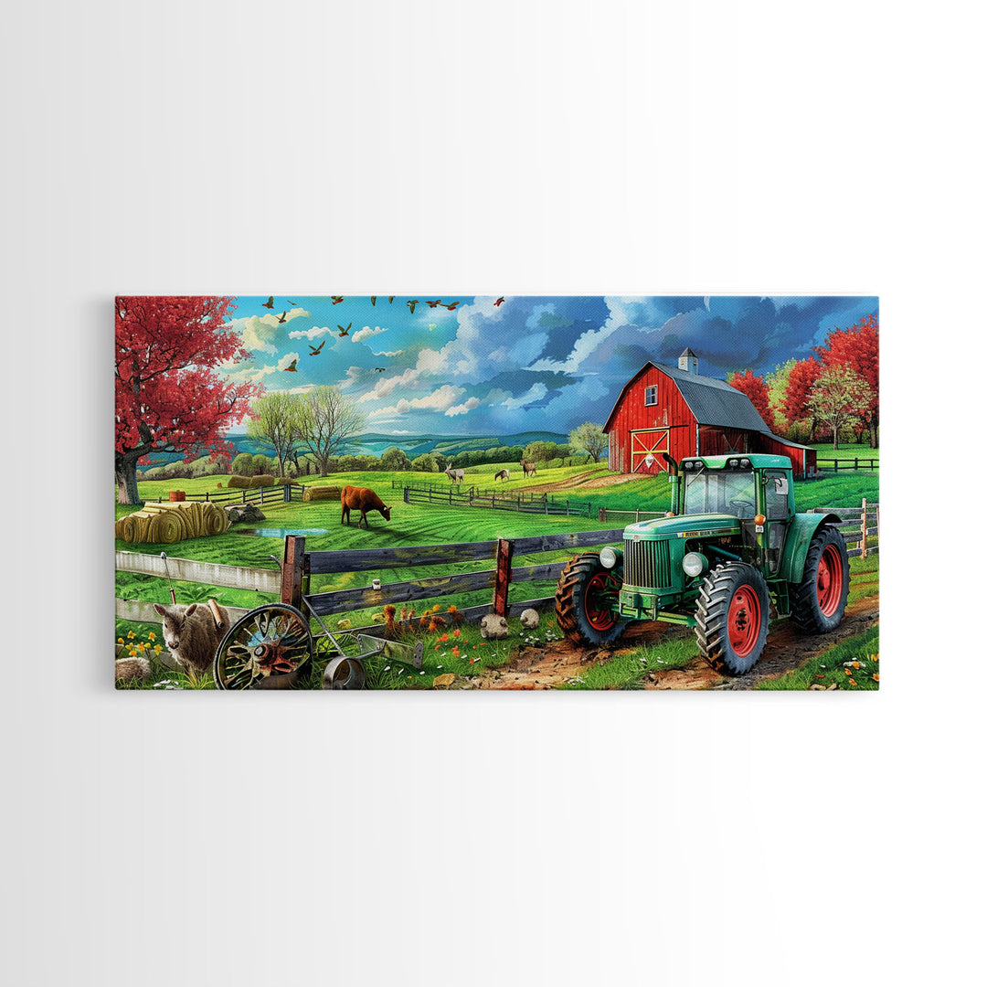 Green Tractor and Red Barn in Lush Fields, Perfect Farmhouse Art, Framed Canvas Print, Rural Wall Decor, Living Room Decoration