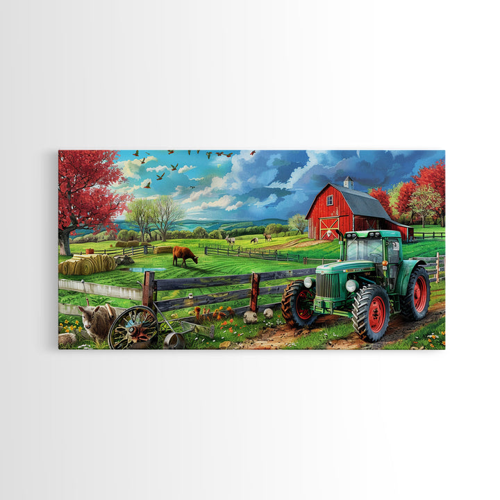 Green Tractor and Red Barn in Lush Fields, Perfect Farmhouse Art, Framed Canvas Print, Rural Wall Decor, Living Room Decoration
