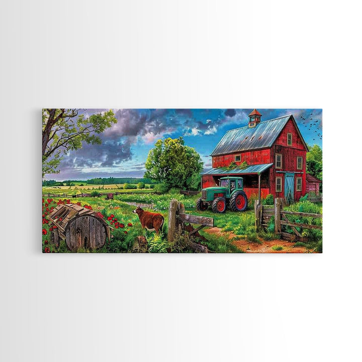 Rustic Barn with Green Tractor in Field, Stunning Country Art, Framed Canvas Print, Farmhouse Wall Decor, Living Room Decoration