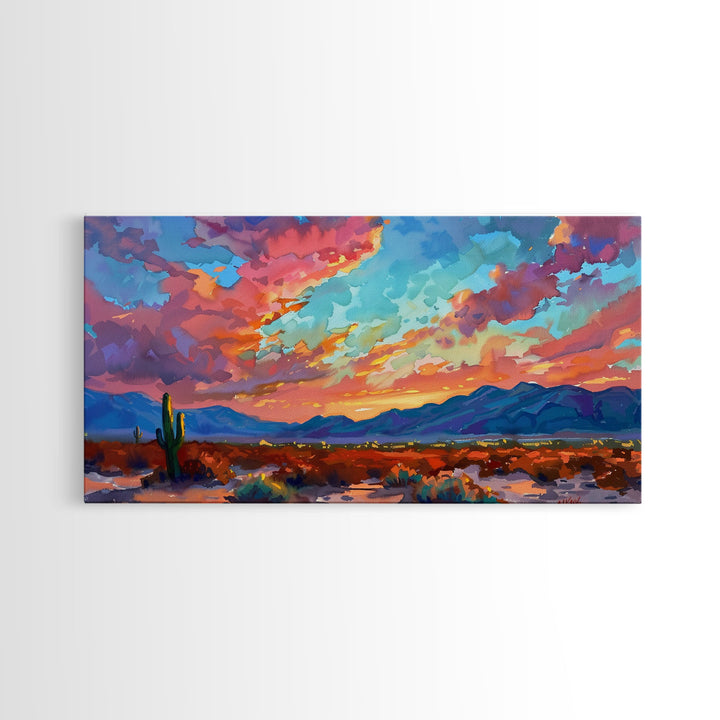 Road Through Desert at Sunset, Colorful Southwestern Art, Framed Canvas Print, Boho Wall Decor, Rustic Living Room Art, Desert Scene