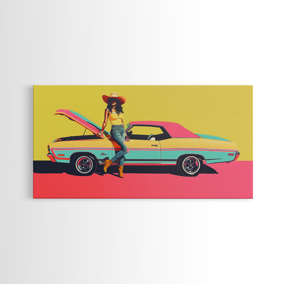 Colorful Pop Art Cowgirl with Classic Car, Framed Canvas Print for Living Room, Bright Bedroom Wall Art, Unique Home Decor