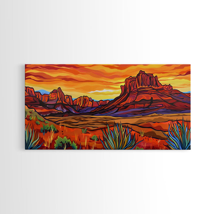 Colorful Desert Sunset with Saguaro Cacti, Framed Canvas Print for Living Room Art, Ideal for Southwestern and Boho Decor