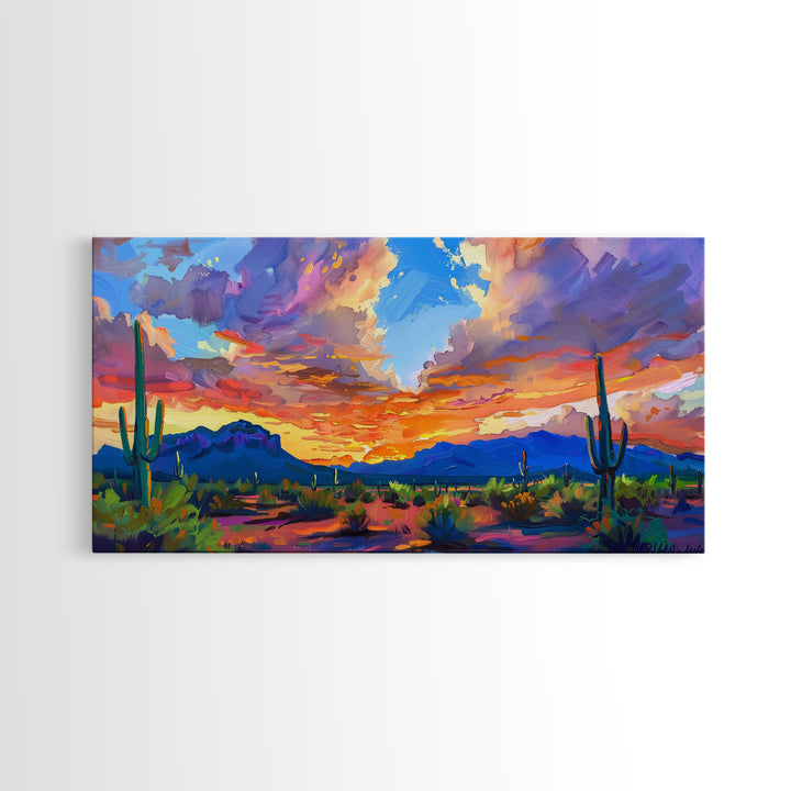 Stunning Desert Sunset with Cacti Silhouettes, Framed Canvas Print for Bedroom Art, Great for Boho and Southwestern Decor