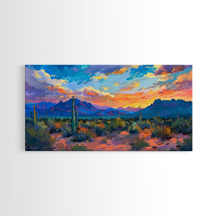 Monument Valley Sunset with Tall Cacti, Framed Canvas Print for Living Room Art, Perfect for Boho and Southwestern Decor