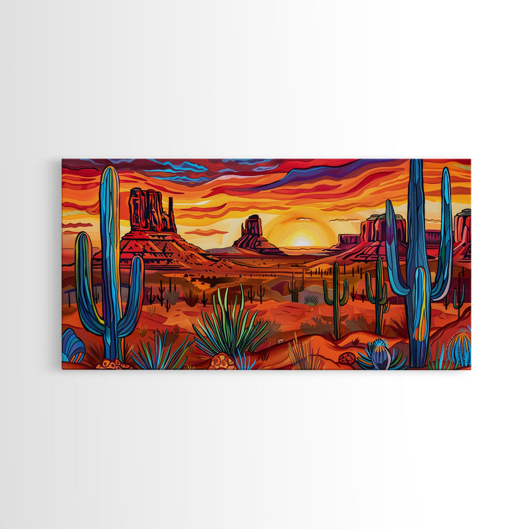 Colorful Desert Evening with Cacti and Mountains, Framed Canvas Print for Bedroom Art, Great for Boho and Southwestern Decor