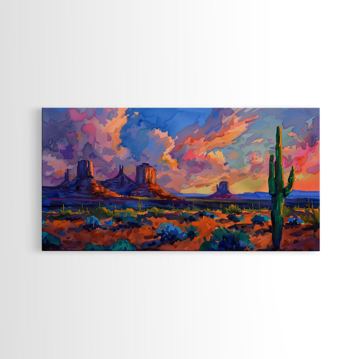 Radiant Mountain Sunset with Saguaro Cacti, Framed Canvas Print for Living Room Art, Perfect for Boho and Southwestern Decor