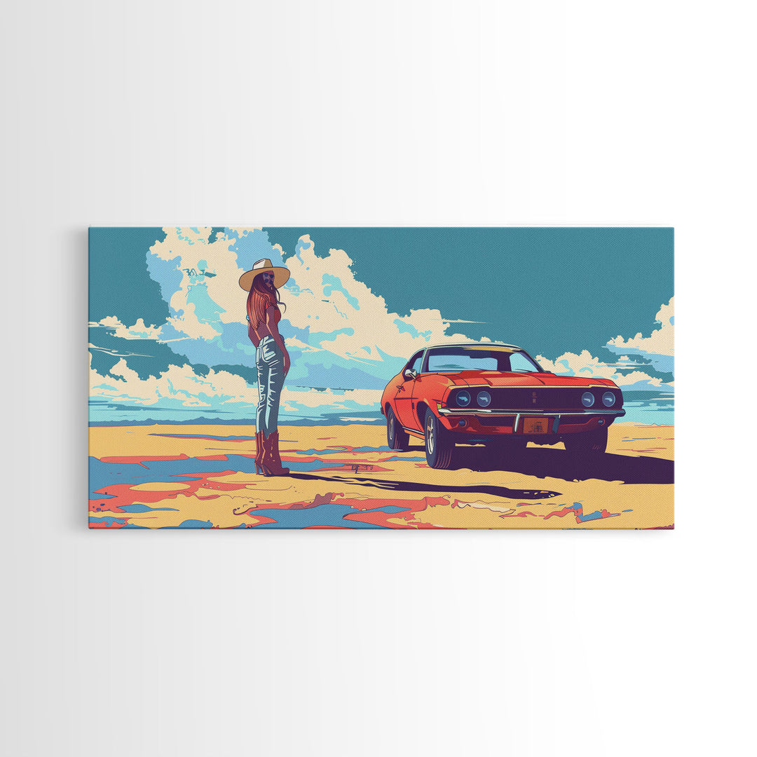 Stylized Cowgirl with Red Car in Vast Desert, Framed Canvas Print for Bedroom, Ideal Living Room Art, Retro Wall Decor