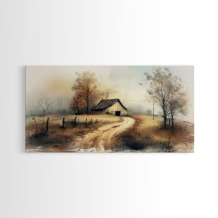 Misty Morning Farmhouse with Winding Path, Beautiful Framed Canvas Print for Bedroom, Boho Wall Art, Countryside Decor