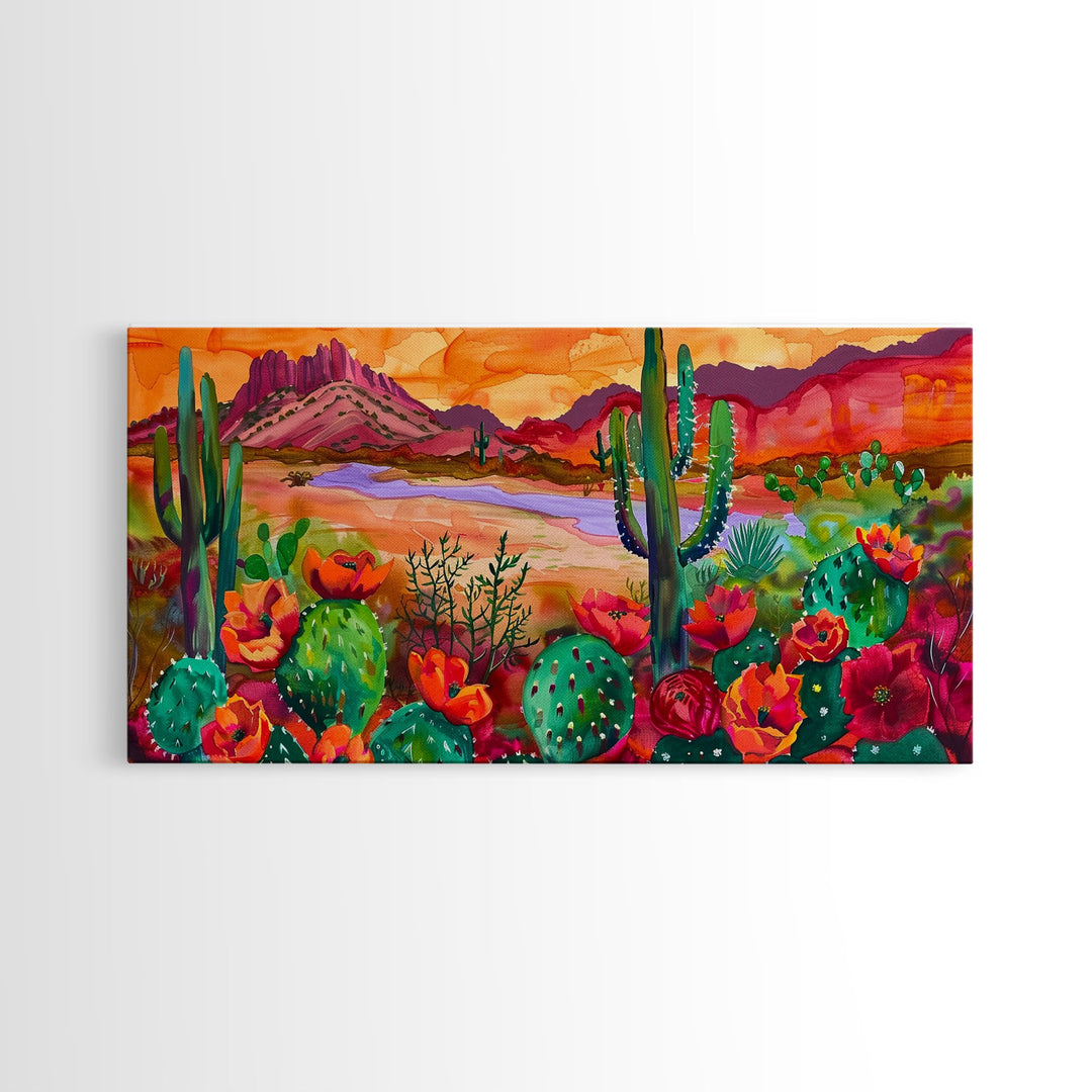 Majestic Cacti and Mountains at Sunset, Captivating Framed Canvas Print for Bedroom, Southwestern Style Wall Art, Nature Scene