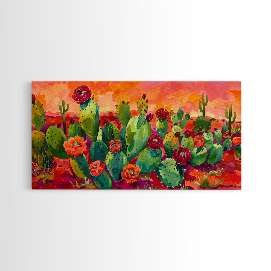 Bright Desert Flowers and Cacti with Mountains, Vibrant Framed Canvas Print for Home, Boho Wall Art, Nature Lover's Decor