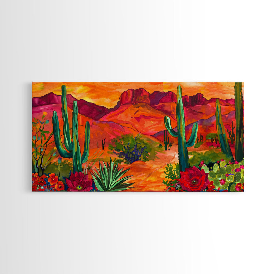 Colorful Desert Landscape with Cacti and Mountains, Stunning Framed Canvas Print for Living Room, Boho Wall Art, Nature Decor