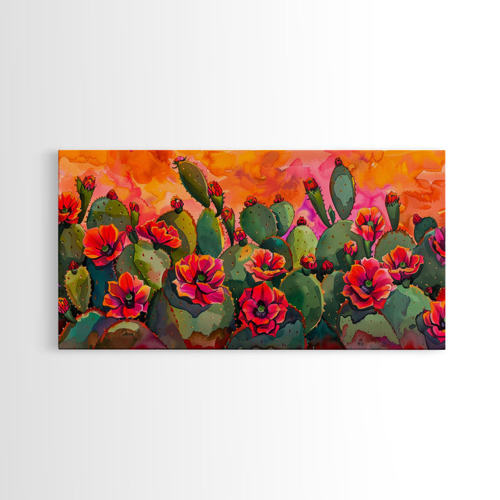 Lush desert landscape with blooming cacti at sunset, Framed Canvas Print, ideal for minimalist living room, wall art decor