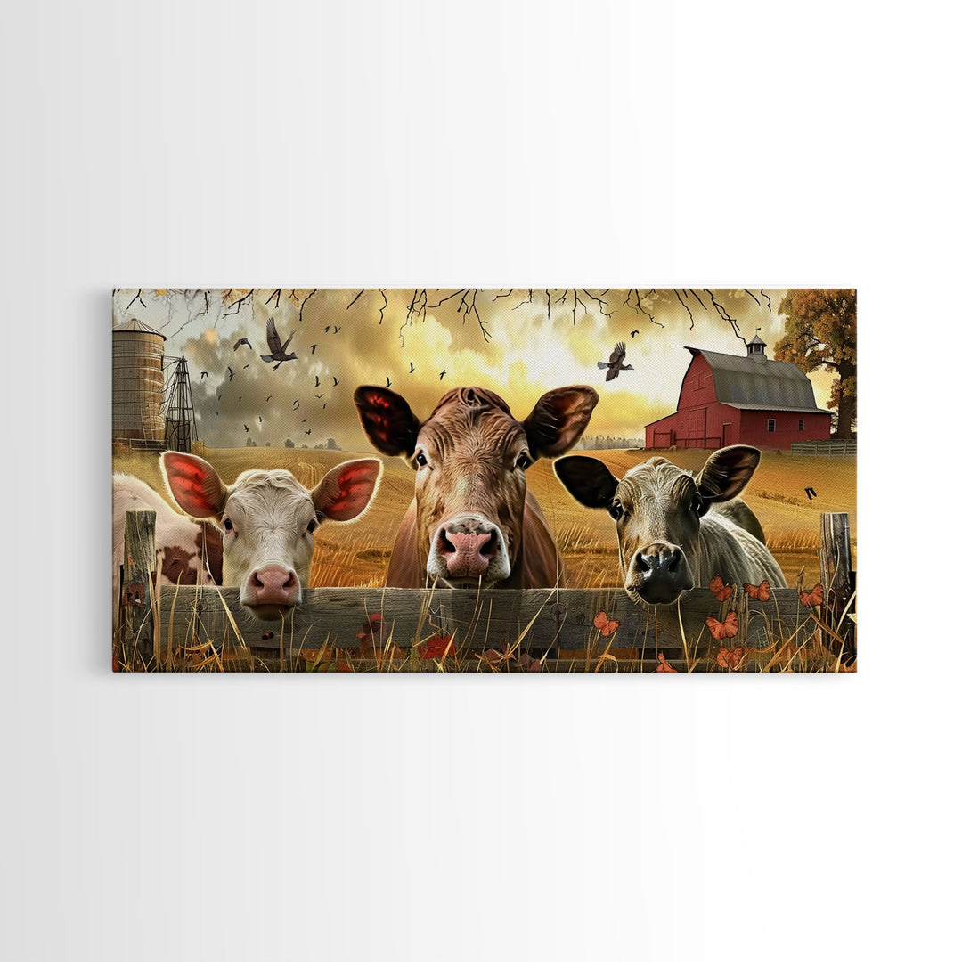Cute cows peeking through barn fence, Framed Canvas Print, ideal for farmhouse living room, country style wall art decor