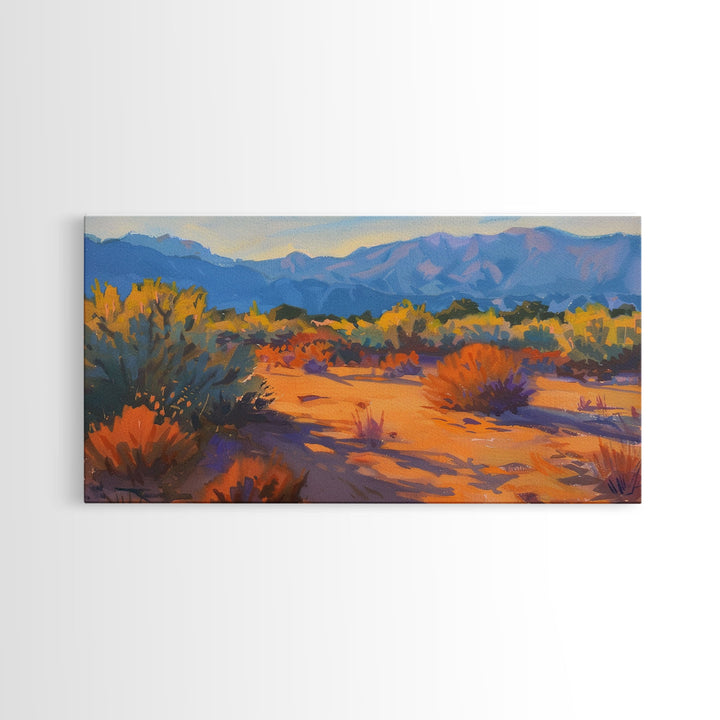 Serene desert landscape with vibrant colors, Framed Canvas Print, perfect for boho living room, southwestern wall art decor