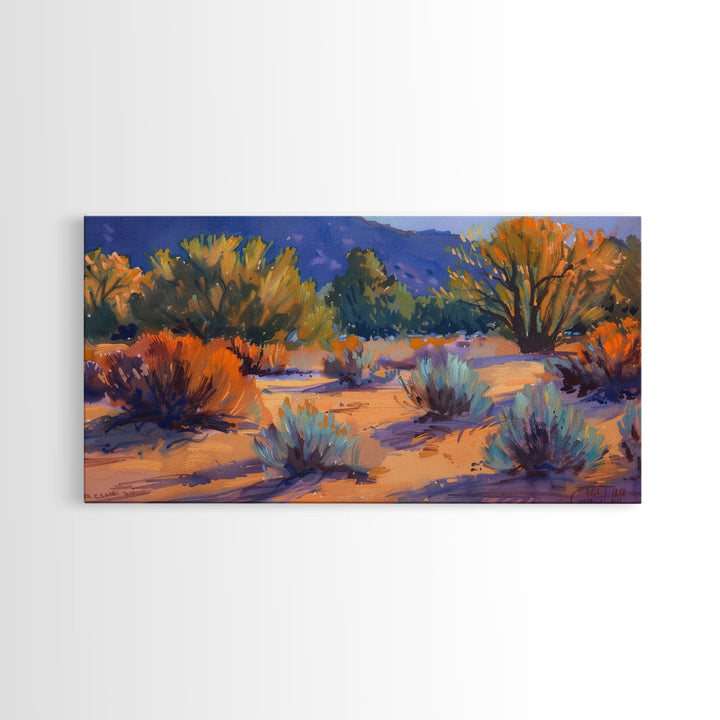 Colorful desert scene with distant mountains, Framed Canvas Print, ideal for minimalist living room, boho wall art decor