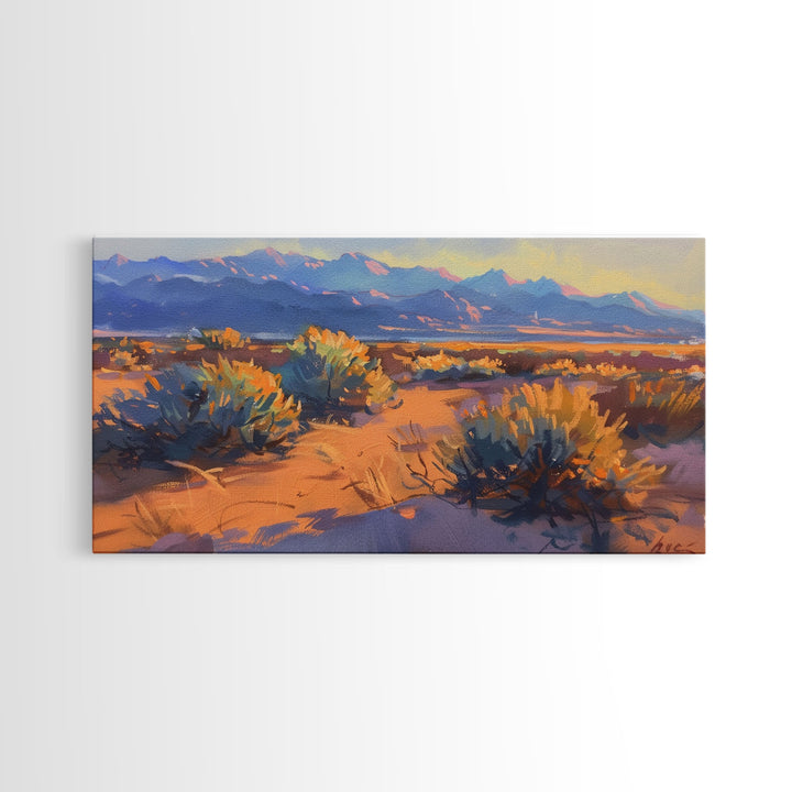 Desert brush and vibrant colors at sunset, Framed Canvas Print, perfect for southwestern living room, bohemian wall decor art