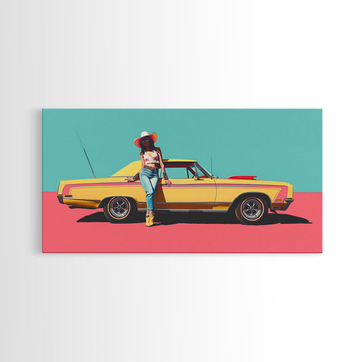Bold Cowgirl Posing with Yellow Car, Pop Art Framed Canvas Print for Living Room, Ideal Bedroom Wall Art, Unique Home Decor