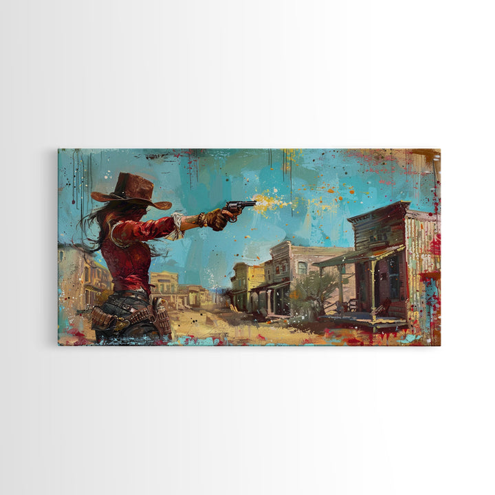 Framed Canvas Print Featuring Western Woman Shooting Revolver in Colorful Town, Ideal for Living Room Wall Art, Bedroom Decor