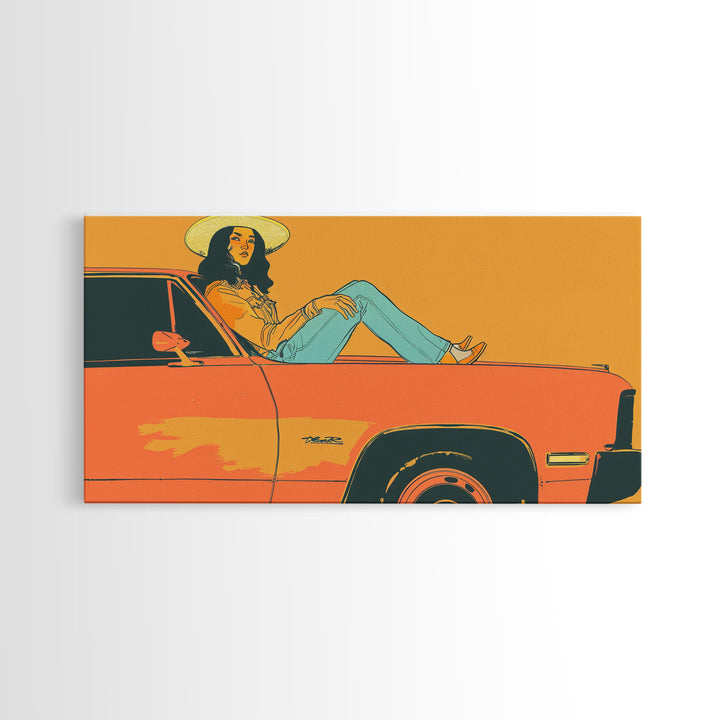Relaxed Cowgirl Sitting on Car Hood, Retro Framed Canvas Print for Bedroom, Perfect Living Room Art, Vintage Wall Decor