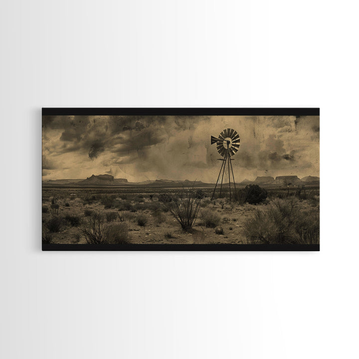 Rustic Windmill in Desert Landscape, Framed Canvas Print for Western Style Living Room, Perfect Bedroom Wall Art, Vintage Decor