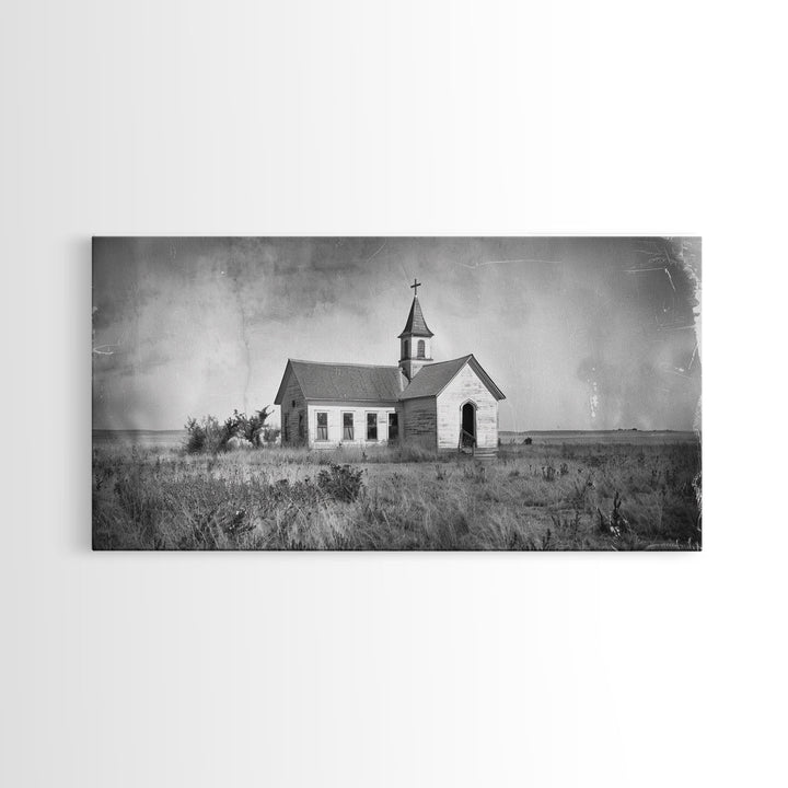 Vintage Country Church in Open Field, Framed Canvas Print for Living Room Decor, Perfect Bedroom Art, Rustic Western Wall Art