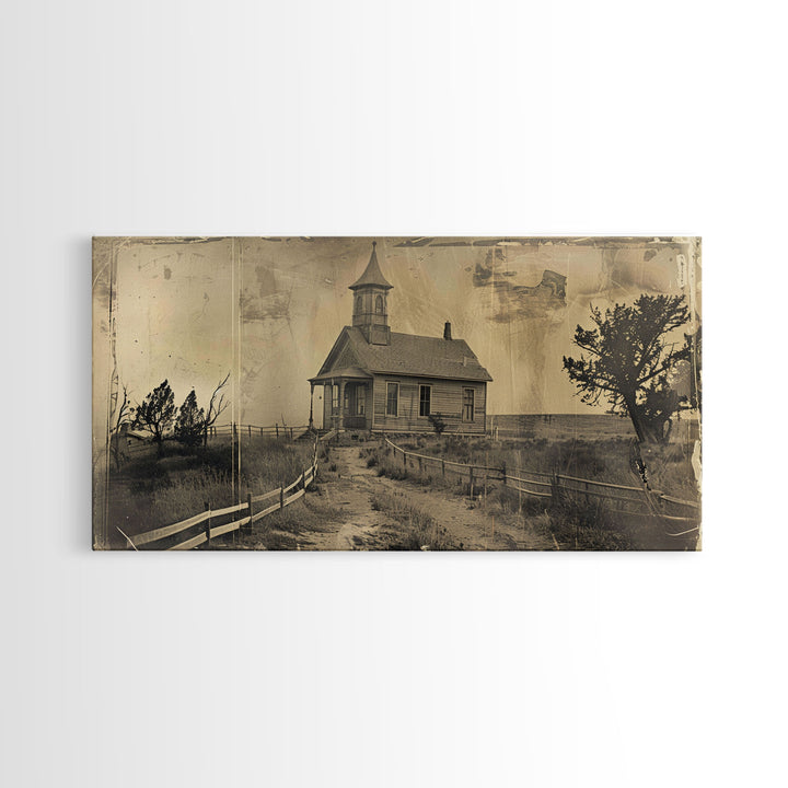 Old Country Church with Fenced Path, Framed Canvas Print for Living Room Decor, Perfect Bedroom Wall Art, Vintage Western Scene