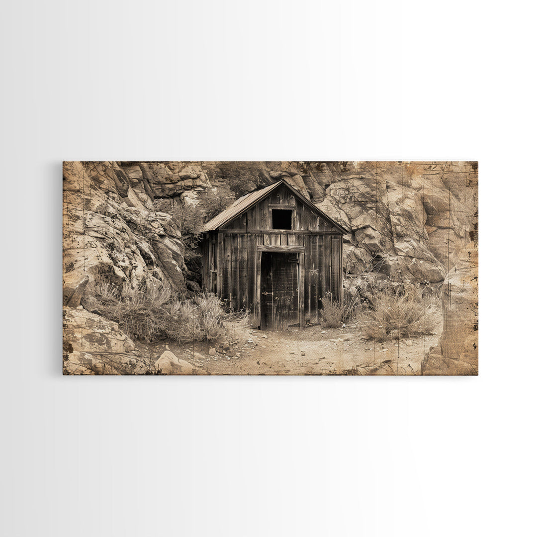 Old Wooden Shack in Rocky Terrain, Farmhouse Style Framed Canvas Print for Bedroom Art, Historical Home Decoration, Rustic Wall Art Piece