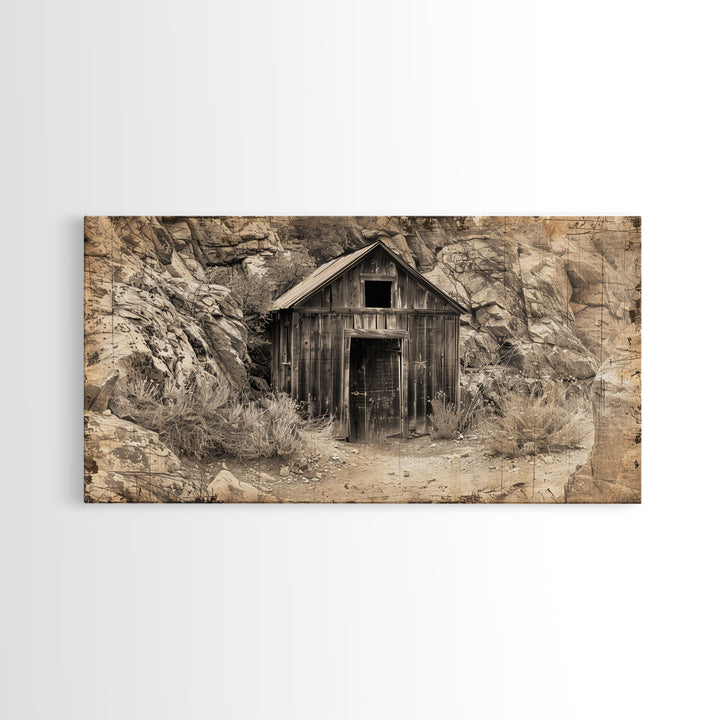 Old Wooden Shack in Rocky Terrain, Farmhouse Style Framed Canvas Print for Bedroom Art, Historical Home Decoration, Rustic Wall Art Piece