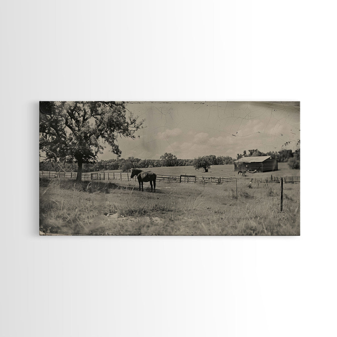 Horse Grazing in Pasture by Farmhouse, Antique Style Framed Canvas Print Country Living Room Decor, Rustic Farmhouse Wall Art, Nature Scene