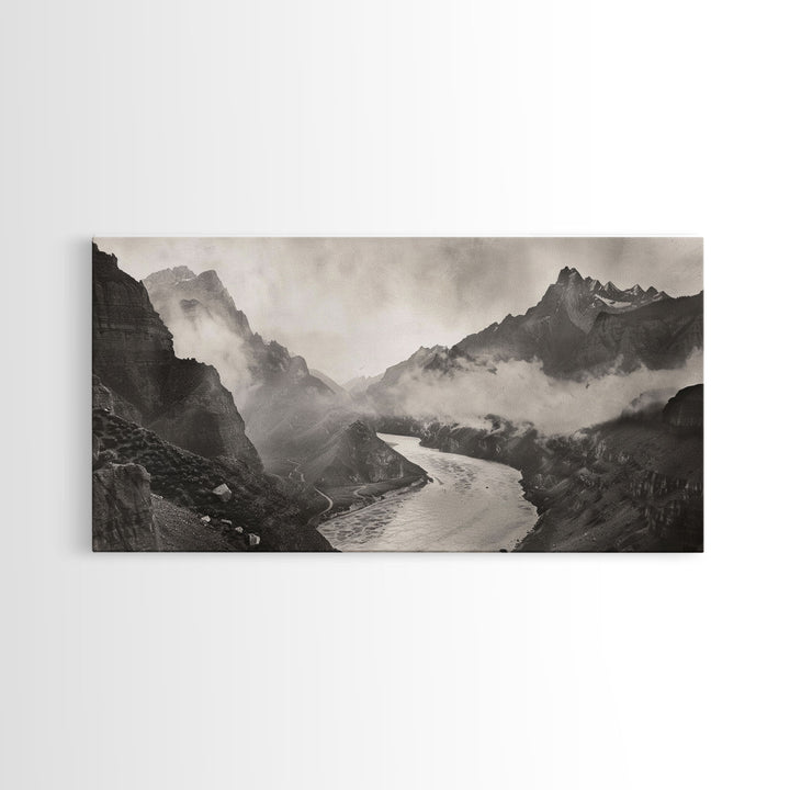 River Flowing through Mountain Valley, Black and White Framed Canvas Print for Farmhouse Bedroom Wall Art, Home Decoration, Scenic Nature